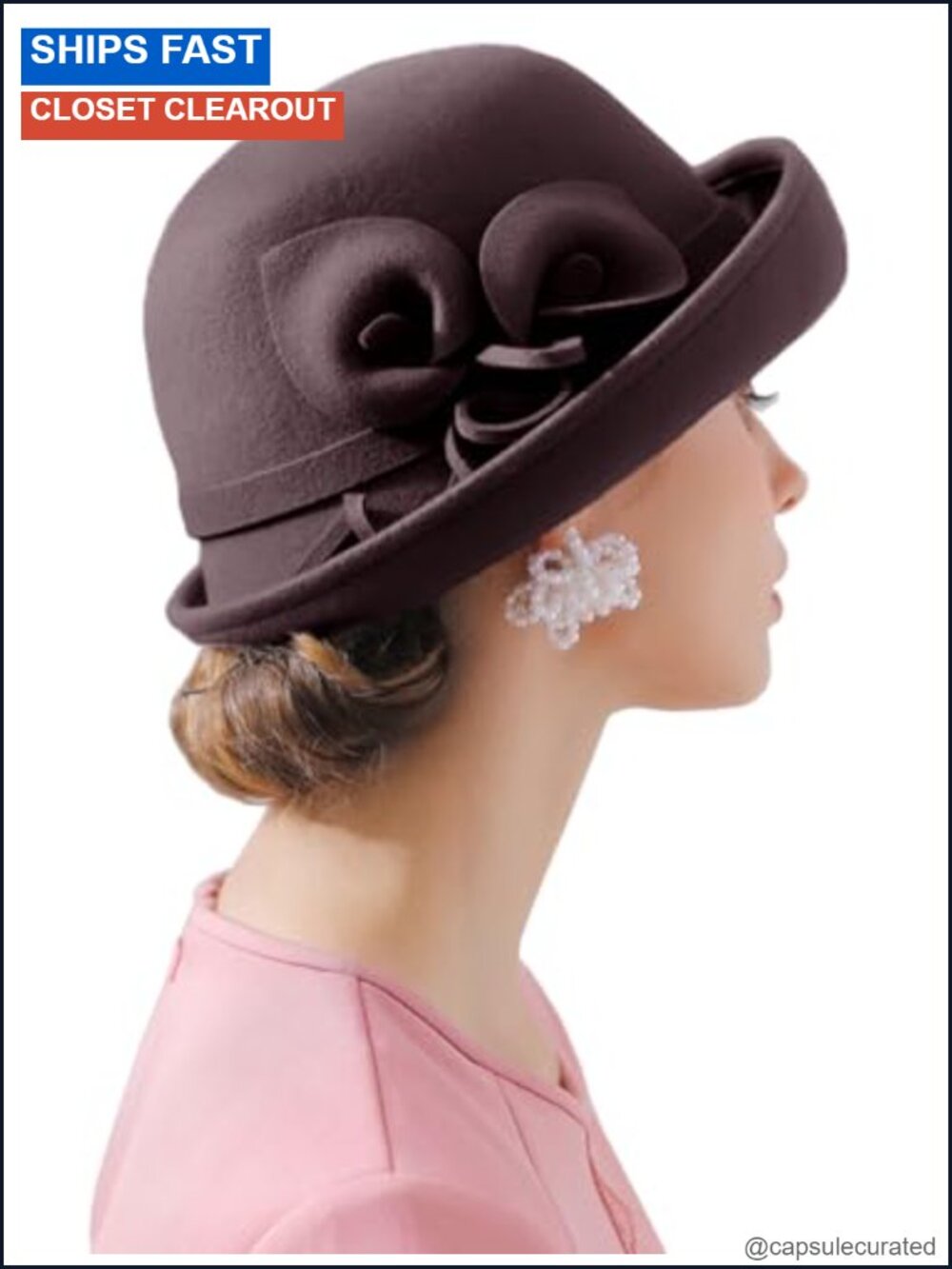 100% Wool Felt Vintage Bucket Cloche Hat Floral Dress Fascinator